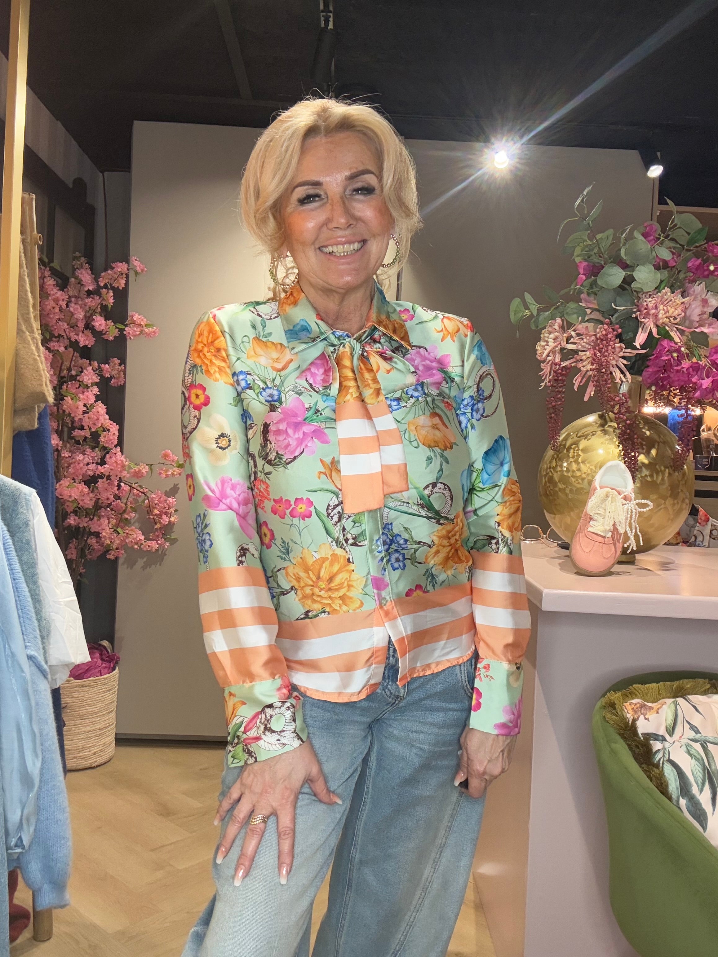 Blouse Satijn-Look met Strik Zalm/Beige